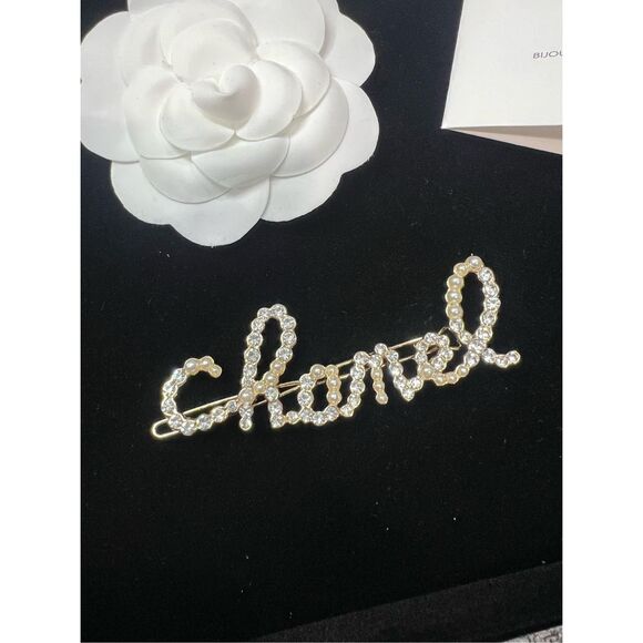 Chanel Hair Accessory Logo Crystal Stone Pearl Barrette clip - Picture 1 of 10